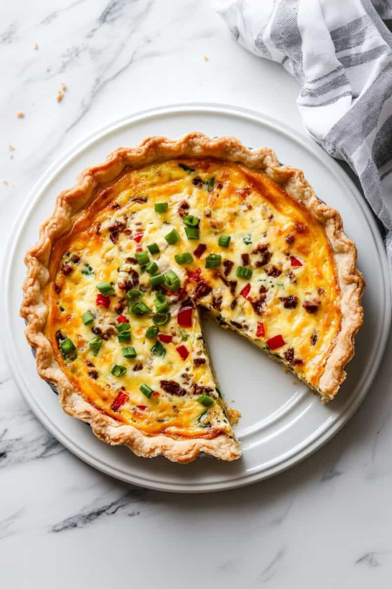 A full Mississippi Sin Quiche with one slice removed, revealing a rich and cheesy egg filling with visible chunks of ham, green onions, and a golden, flaky crust.