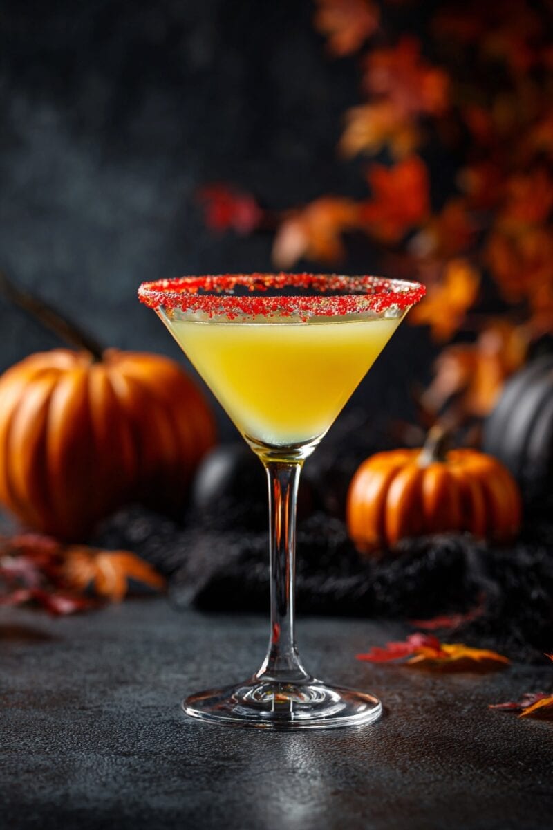 A single Haunted Candy Corn Cocktail presented in a martini glass with a vibrant red sugar rim, positioned against a moody autumn backdrop featuring pumpkins and colorful fall foliage.