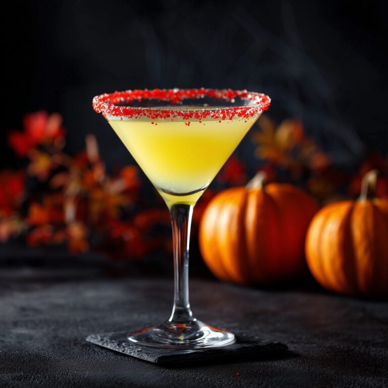 A Haunted Candy Corn Cocktail served in a martini glass with a vibrant red sugar rim, set against a dark backdrop with pumpkins and autumn leaves.