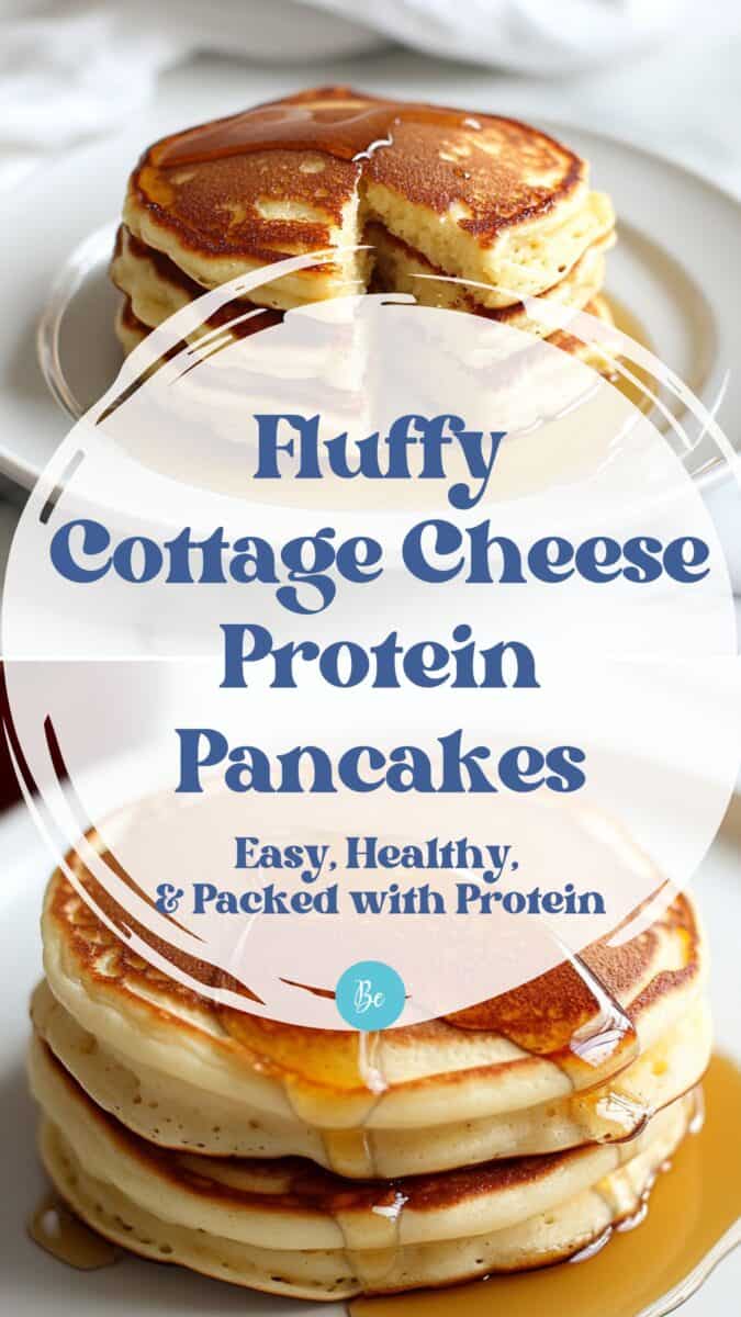 Fluffy Cottage Cheese Protein Pancakes stacked on a plate and drizzled with maple syrup. A high-protein, easy, and healthy breakfast recipe made with simple ingredients—no protein powder needed. Perfect for meal prep, clean eating, or low-sugar mornings.