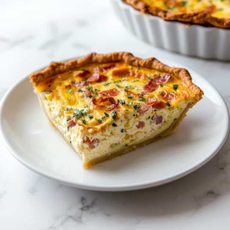 A slice of Mississippi Sin Quiche on a white plate, featuring a golden, flaky crust filled with a creamy mixture of ham, cheese, and green onions, topped with crispy bacon and parsley.