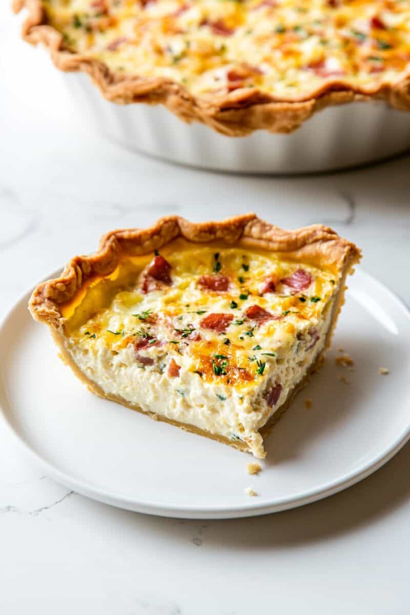 A generous slice of Mississippi Sin Quiche on a white plate in the foreground, with the full quiche in a ceramic pie dish blurred in the background. The slice is topped with bits of ham, melted cheddar cheese, and herbs.