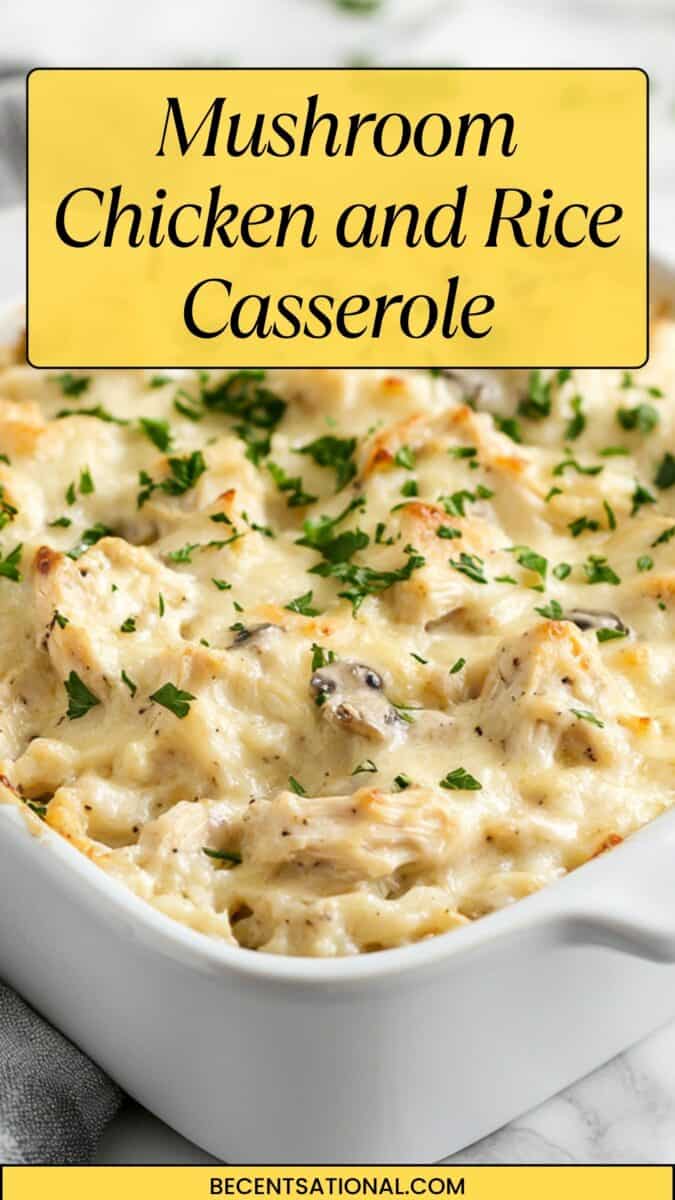 A close-up of a baked Mushroom Chicken and Rice Casserole in a white ceramic dish, topped with melted cheese and fresh parsley.