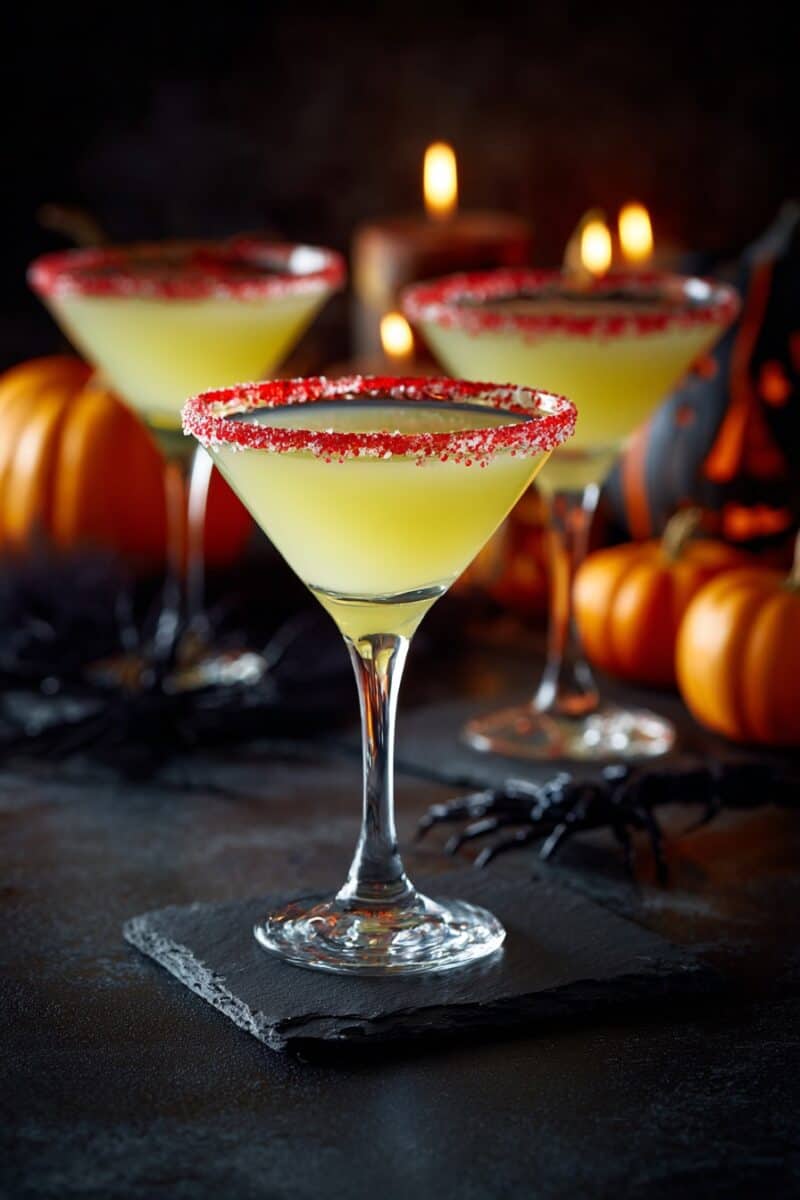 Three festive Haunted Candy Corn Cocktails, each garnished with a bright red sugar rim, arranged beautifully among pumpkins, candles, and spooky Halloween decor.