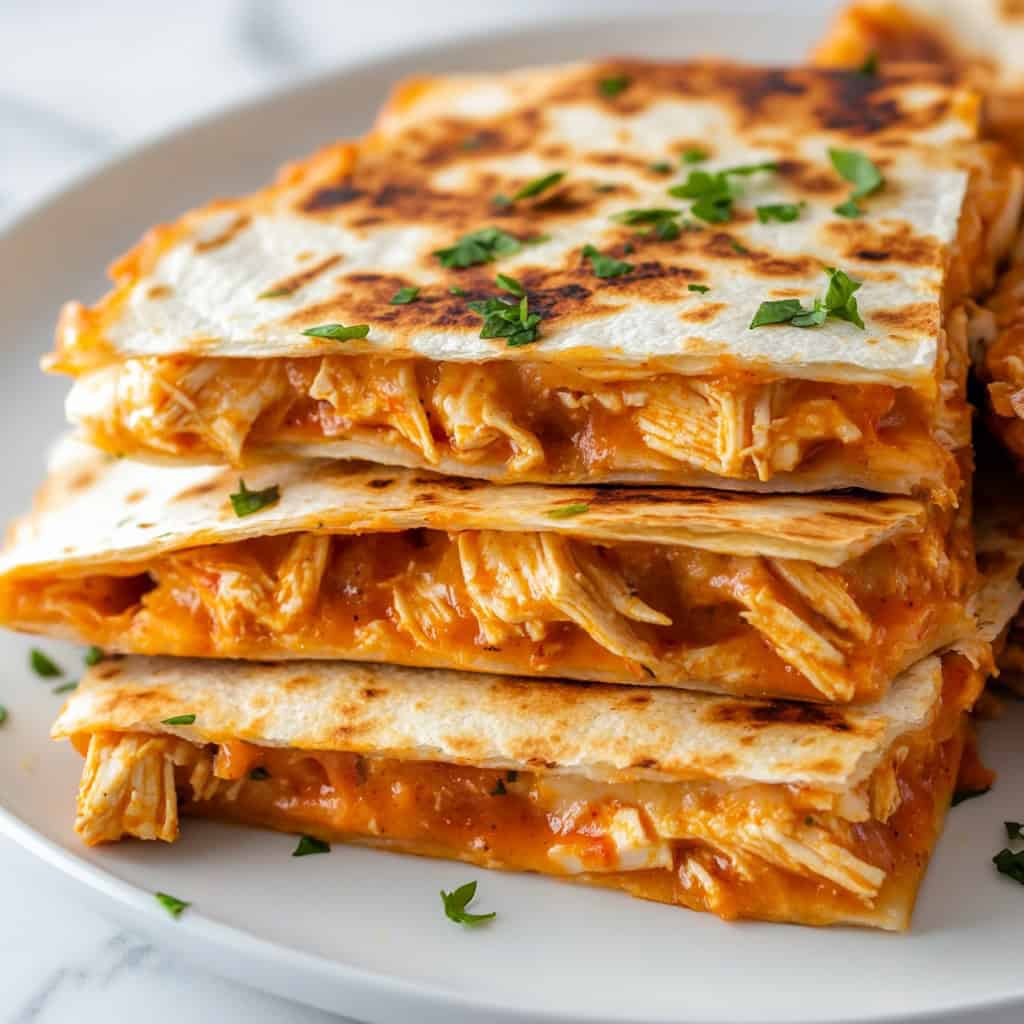 Close-up of stacked buffalo chicken quesadillas on a white plate, filled with melted cheese and shredded chicken