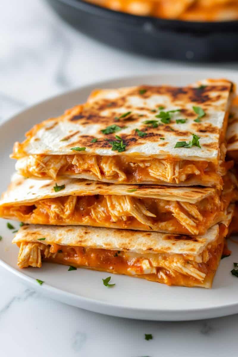 Stack of buffalo chicken quesadillas in focus, with skillet blurred in the background