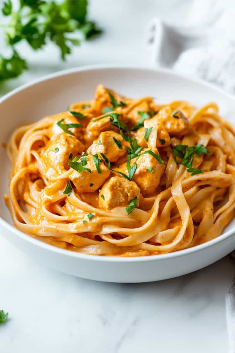 Overhead shot of butter chicken linguini with thick creamy sauce and tender chicken chunks.