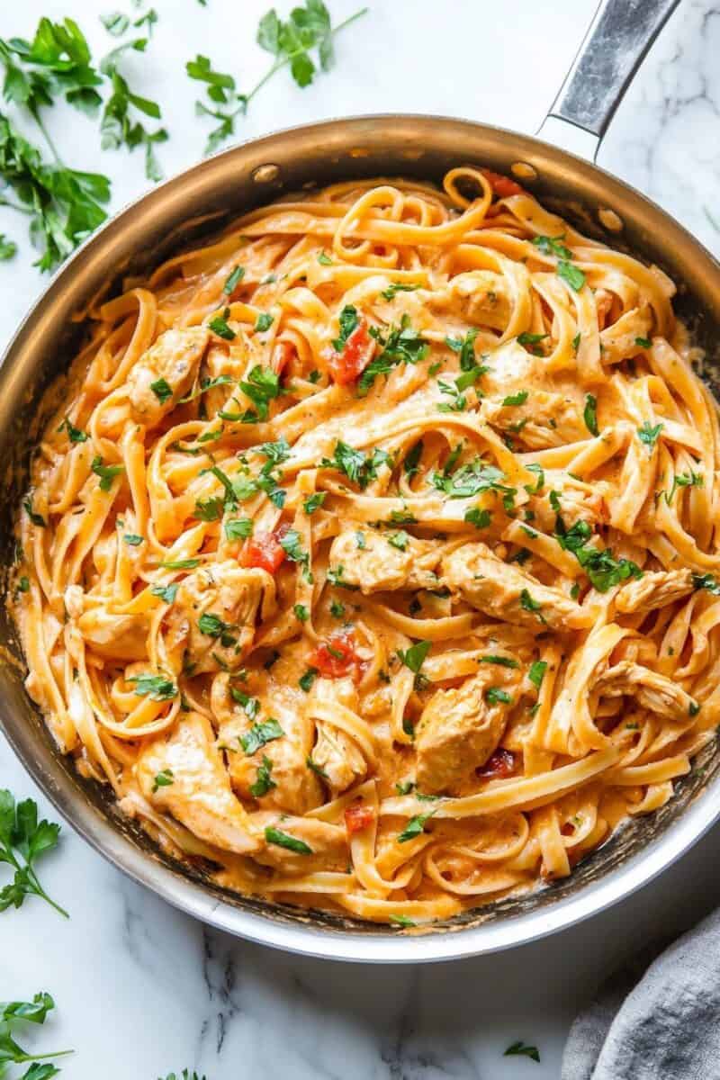 Butter chicken linguini cooked in a large skillet, topped with fresh chopped parsley.