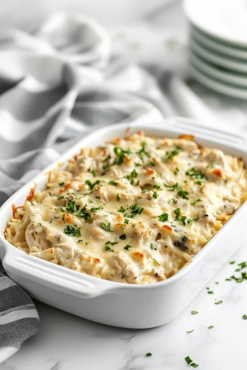 A white baking dish filled with golden-baked creamy chicken and rice casserole, ready to serve.