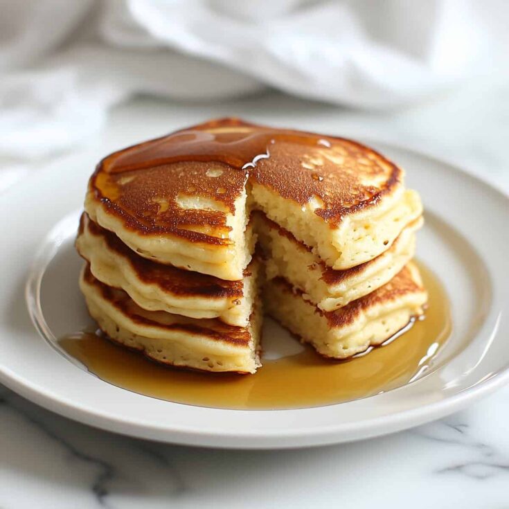 Stack of fluffy cottage cheese protein pancakes with a slice missing, drizzled with maple syrup on a white plate.