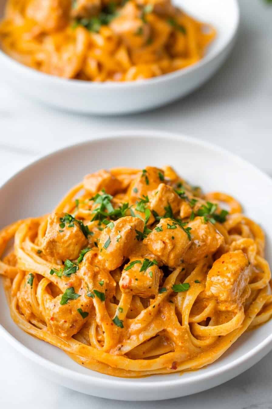 Two bowls of creamy butter chicken pasta with rich sauce and chicken pieces garnished with herbs.