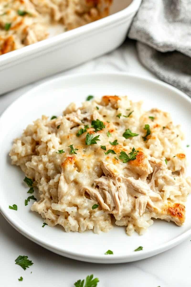 A plate of creamy chicken and rice casserole with golden cheesy topping and herbs on top.