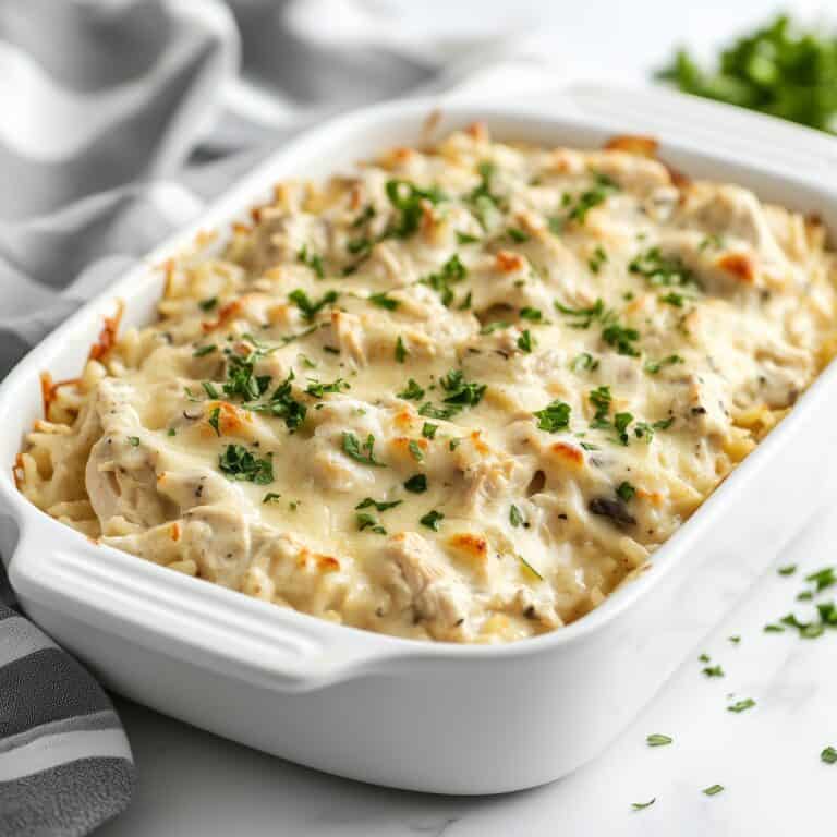 Overhead shot of a cheesy chicken and rice casserole in a white dish, topped with parsley.