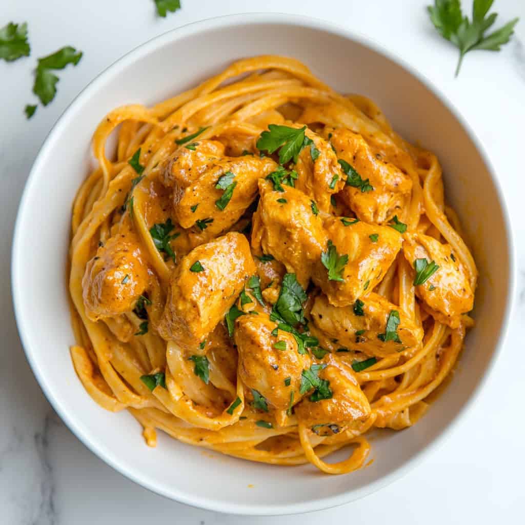 Close-up of creamy butter chicken linguini served in a white bowl and garnished with fresh parsley.