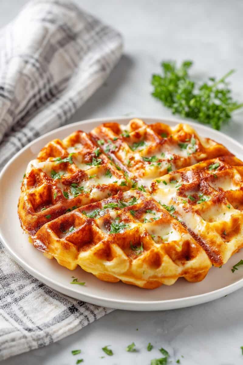 Crispy and cheesy cottage cheese pizza waffle served on a white plate with a gray napkin and parsley garnish. This savory high-protein waffle is perfect for meal prep or kid-friendly lunches.