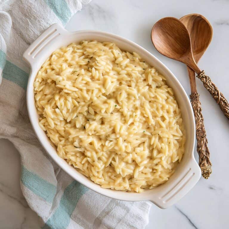 Creamy cottage cheese orzo served in a white ceramic baking dish, showcasing its smooth, rich, and cheesy texture, with wooden serving spoons on the side.