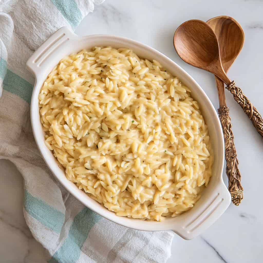Creamy cottage cheese orzo served in a white ceramic baking dish, showcasing its smooth, rich, and cheesy texture, with wooden serving spoons on the side.