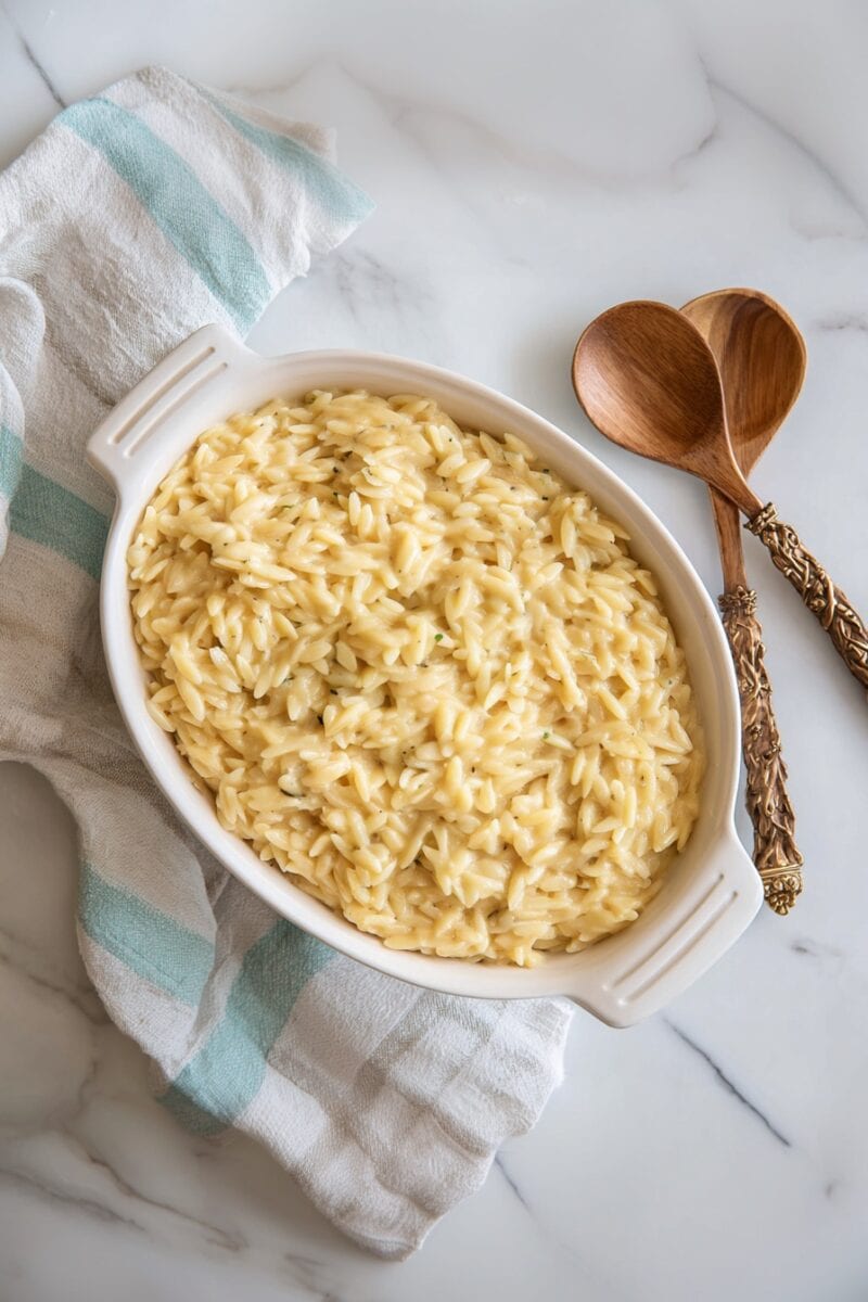 Overhead view of creamy cottage cheese orzo in a white serving dish on a marble countertop, styled with vintage wooden utensils and a soft kitchen towel.