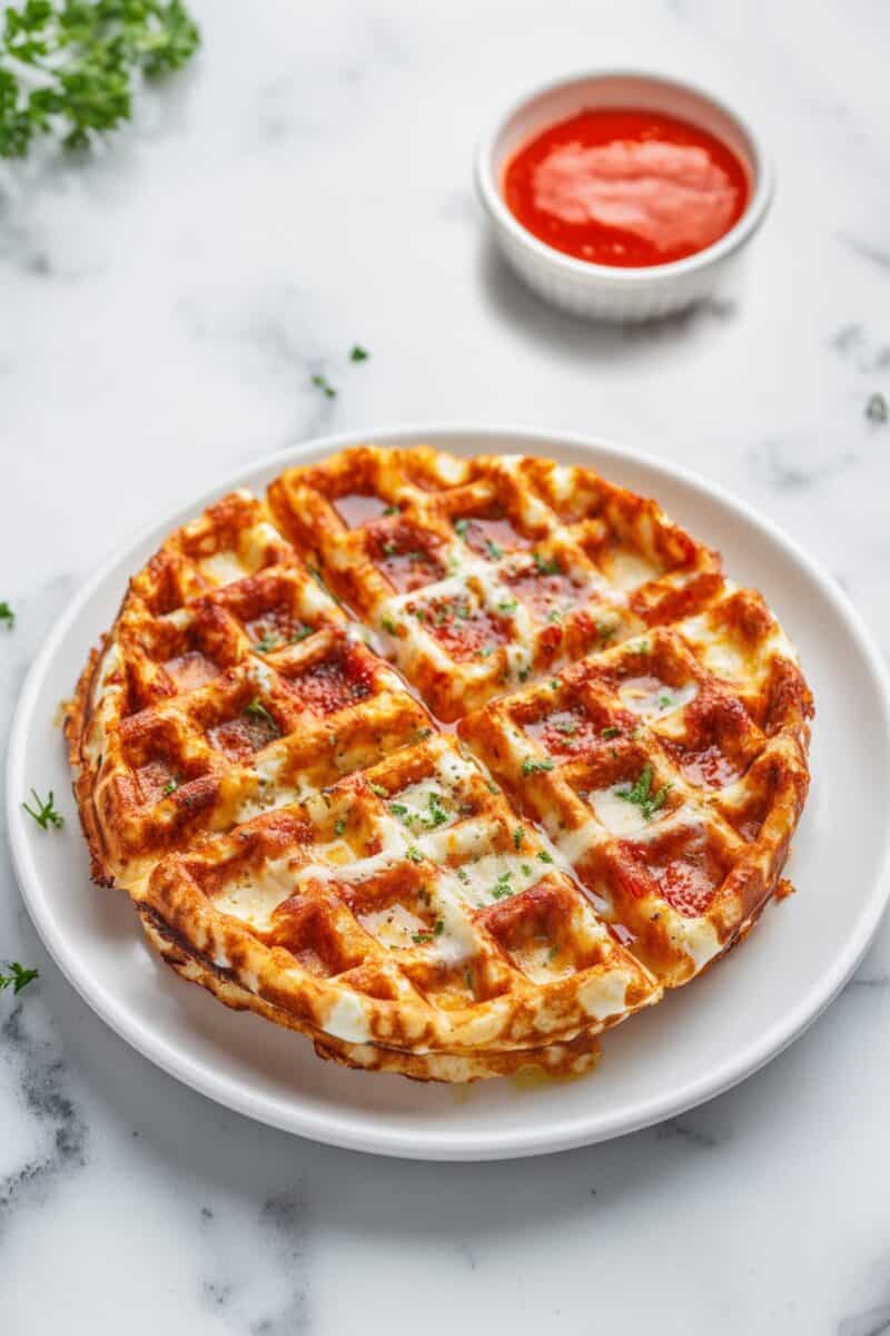 Close-up of a savory pizza waffle made with cottage cheese, melted mozzarella, and thick marinara sauce. This protein-packed waffle is cooked to perfection and served with extra sauce for dipping — an easy, kid-friendly recipe.