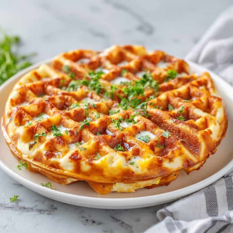 Thick, golden cottage cheese pizza waffle with gooey cheese inside, cut and stacked slightly to show texture. A protein-packed savory waffle recipe ideal for brunch or healthy snacks.