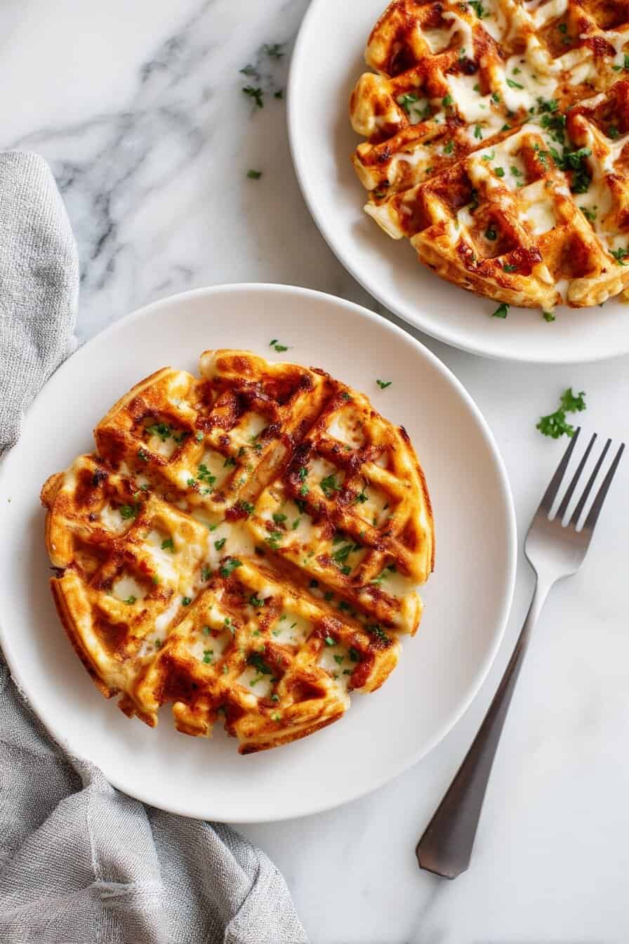 Two crispy, golden cottage cheese pizza waffles served on white plates, garnished with parsley and photographed on a white marble background. A delicious high-protein savory waffle recipe perfect for brunch or snacks.
