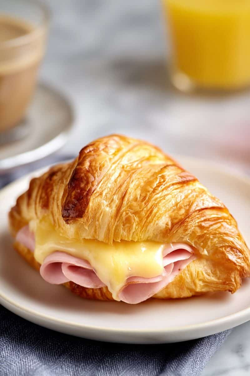 Close-up of a ham and cheese croissant on a plate, with melted cheese and orange juice in the background