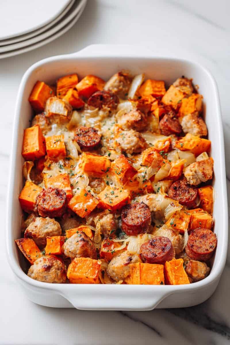 Close-up of sweet potato apple chicken sausage bake in a white baking dish, showing crispy browned sausage and roasted sweet potatoes.