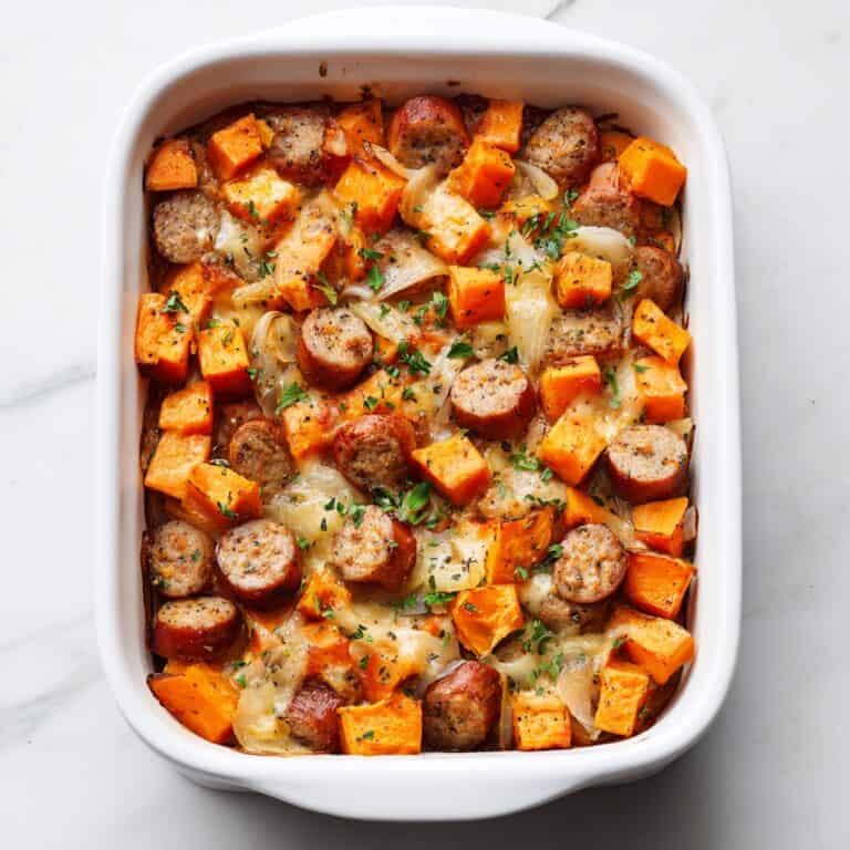 Overhead view of sweet potato apple chicken sausage bake in a white ceramic baking dish, showcasing golden sausage and caramelized sweet potatoes.