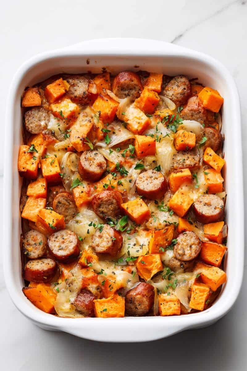 sweet potato apple chicken sausage bake in a white casserole dish, featuring roasted sausage and tender sweet potatoes.
