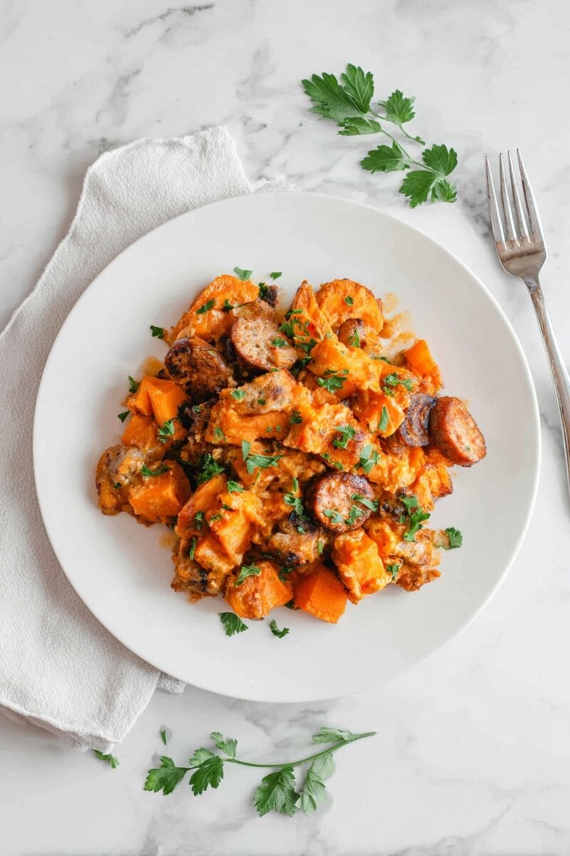 Top-down view of a serving of sweet potato apple chicken sausage bake plated on a white dish with a white napkin and fresh parsley.
