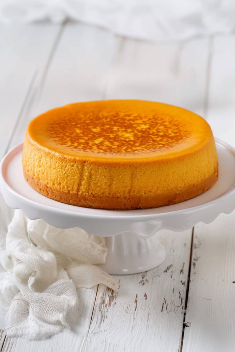 Whole round pumpkin custard cake on a white cake stand with a golden top and smooth texture