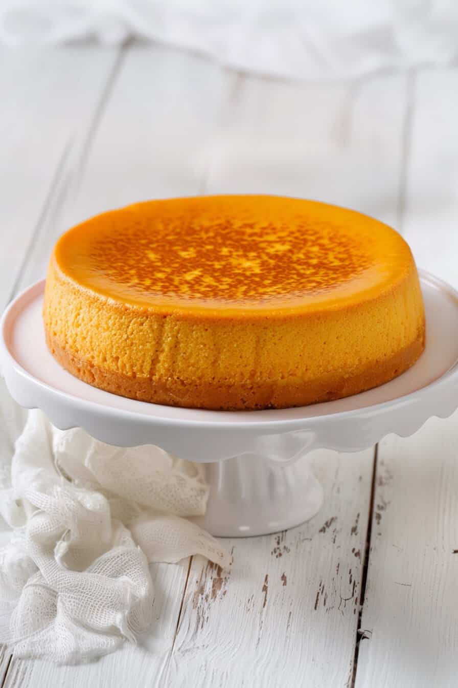 Whole round pumpkin custard cake on a white cake stand with a golden top and smooth texture