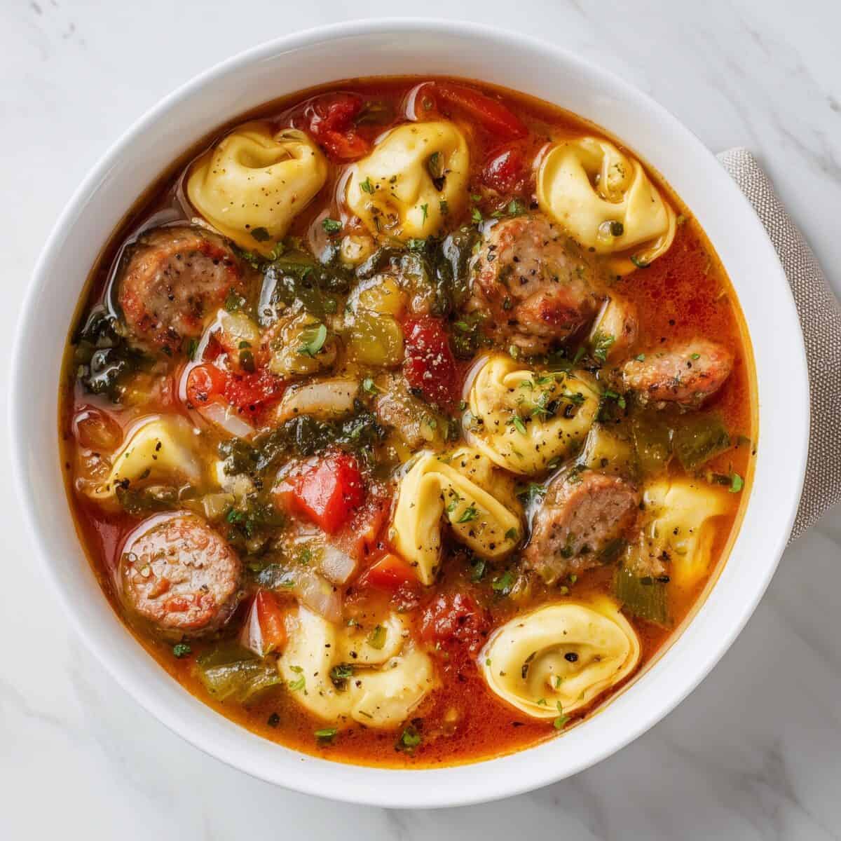 Close-up shot of sausage tortellini soup showing plump cheese tortellini, Italian sausage slices, diced tomatoes, and spinach in seasoned broth.