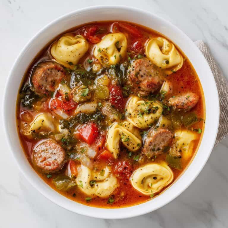 Close-up shot of sausage tortellini soup showing plump cheese tortellini, Italian sausage slices, diced tomatoes, and spinach in seasoned broth.