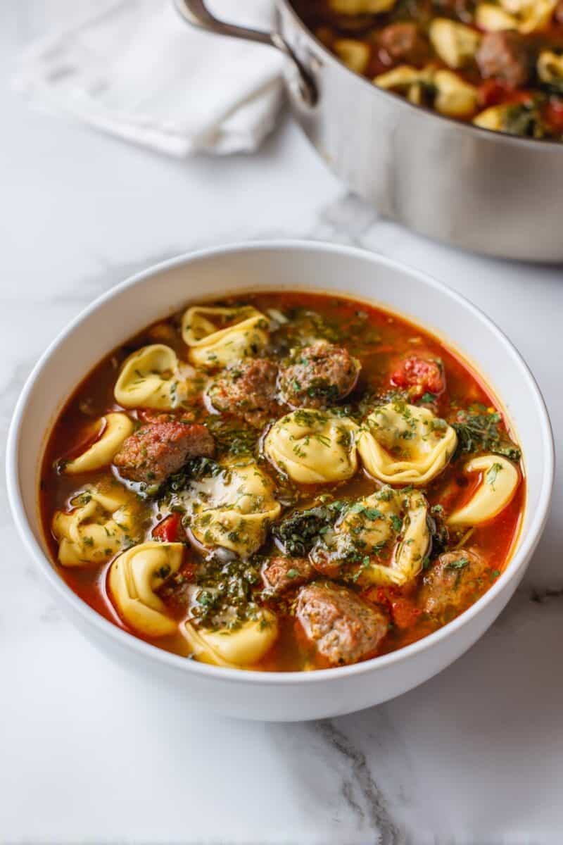 White bowl of sausage tortellini soup with Italian sausage slices, cheese tortellini, spinach, and diced tomatoes, set on a marble counter with a pot in the background.