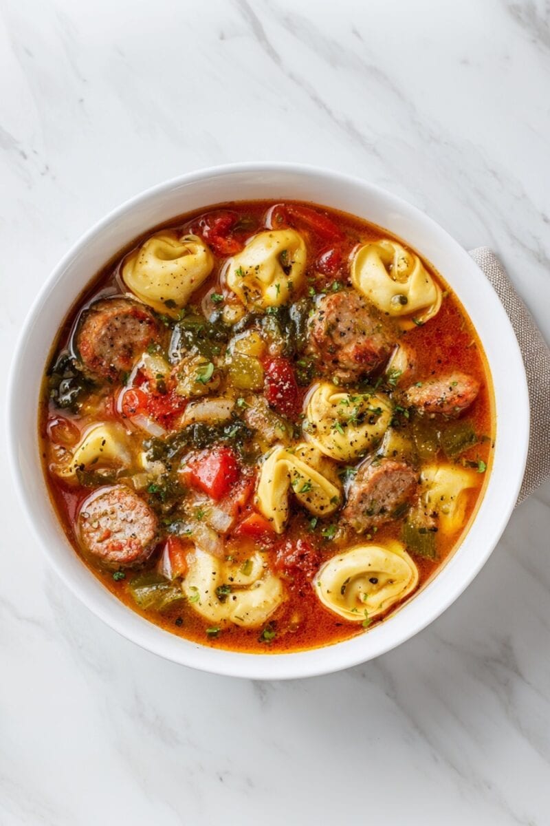 Overhead view of hearty sausage tortellini soup with Italian sausage, cheese tortellini, spinach, and tomatoes in a white bowl on a marble surface.