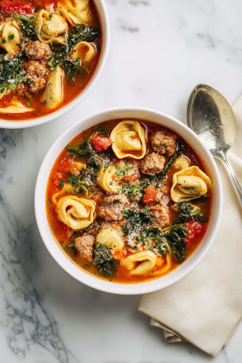 Two white bowls filled with sausage tortellini soup with spinach, tomatoes, and Parmesan cheese, placed on a marble surface with a spoon.