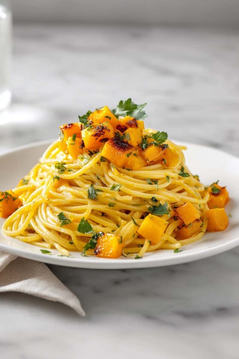 Plate of spaghetti tossed with roasted butternut squash, parsley, and parmesan cheese.
