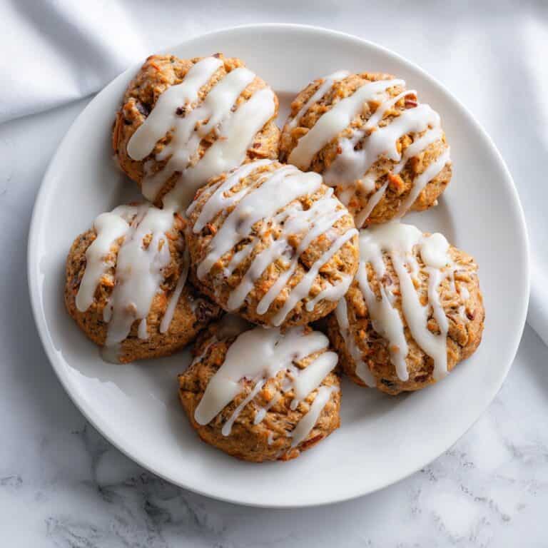 Plate of homemade carrot cake cookies drizzled with cream cheese glaze on a white background.