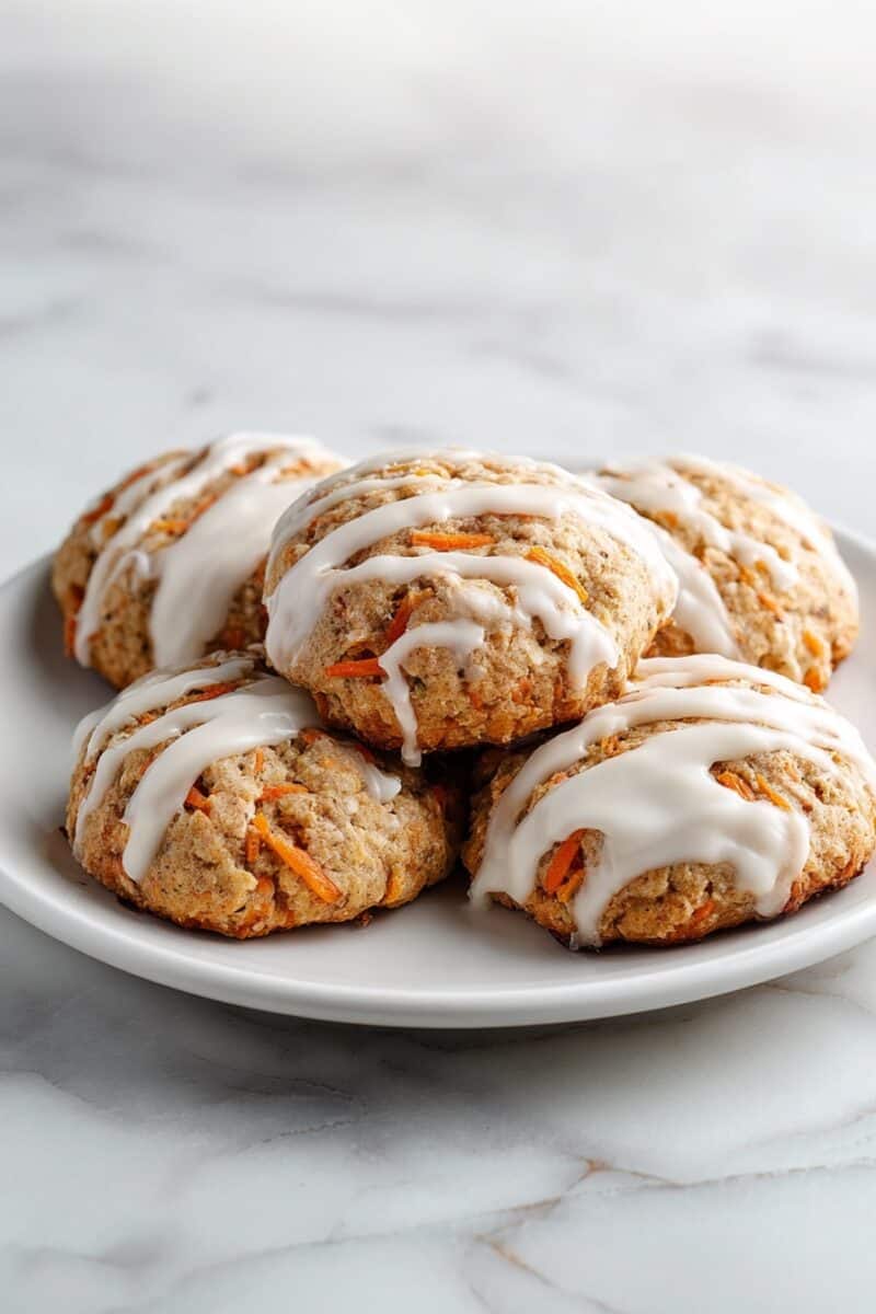 Side view of carrot cake cookies with cream cheese glaze on a plate.