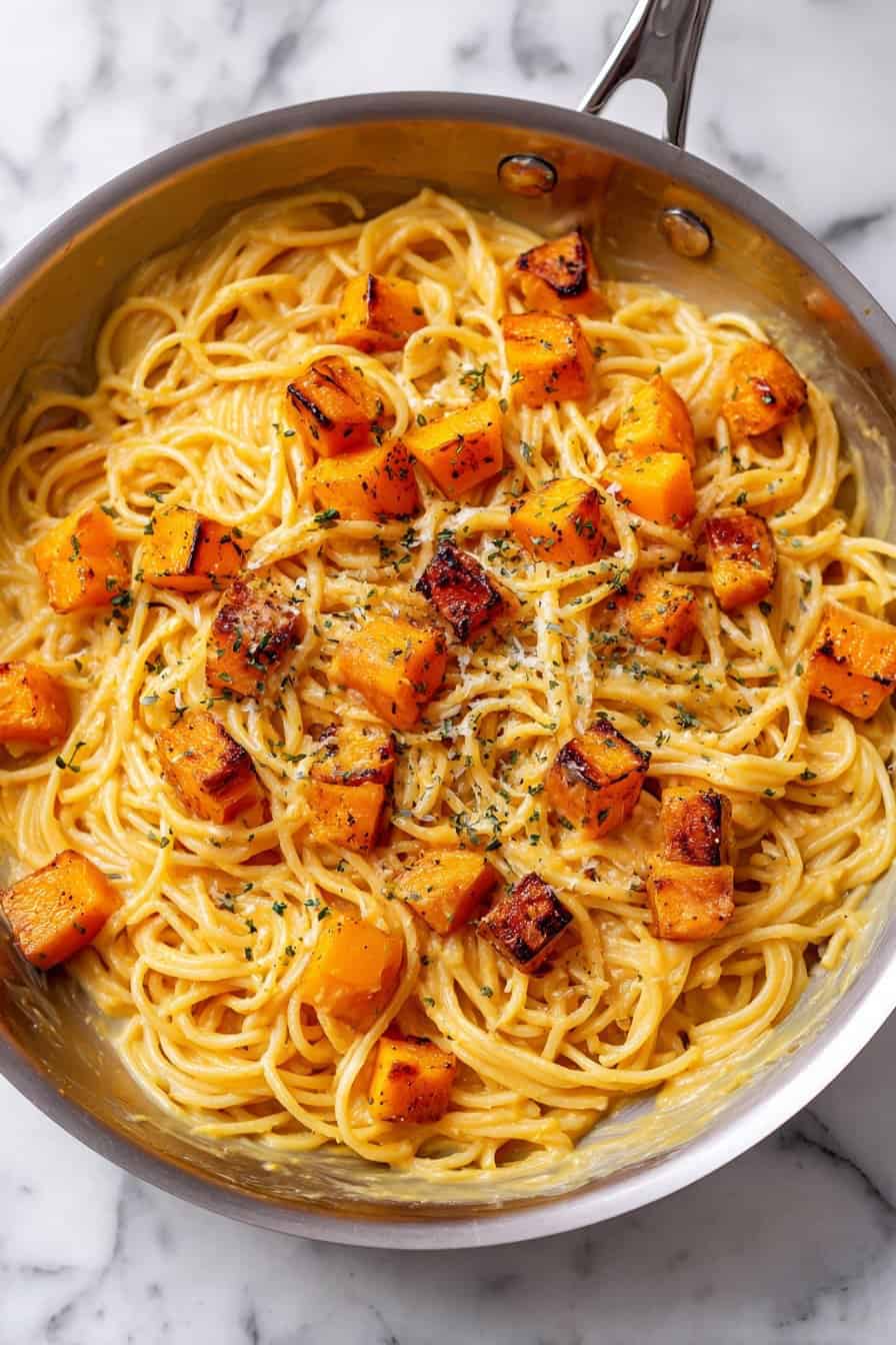 Spaghetti with roasted butternut squash cubes tossed in a creamy garlic butter sauce inside a skillet.