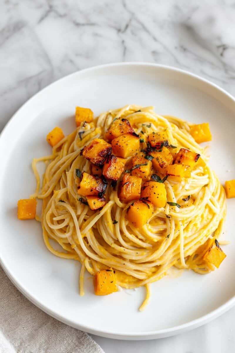 Overhead view of spaghetti topped with caramelized roasted butternut squash cubes and parmesan.