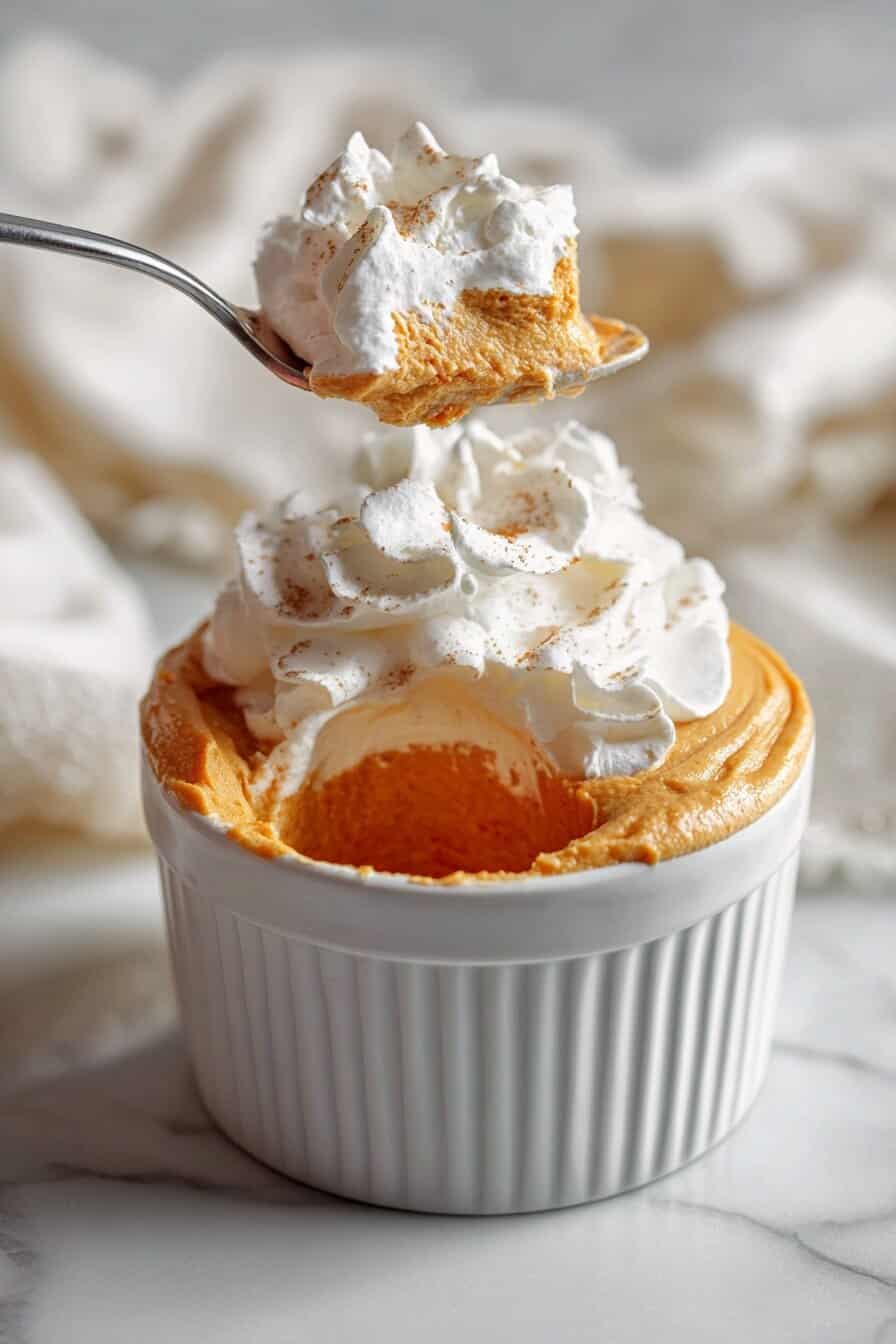 pumpkin fluff pudding spoon closeup.