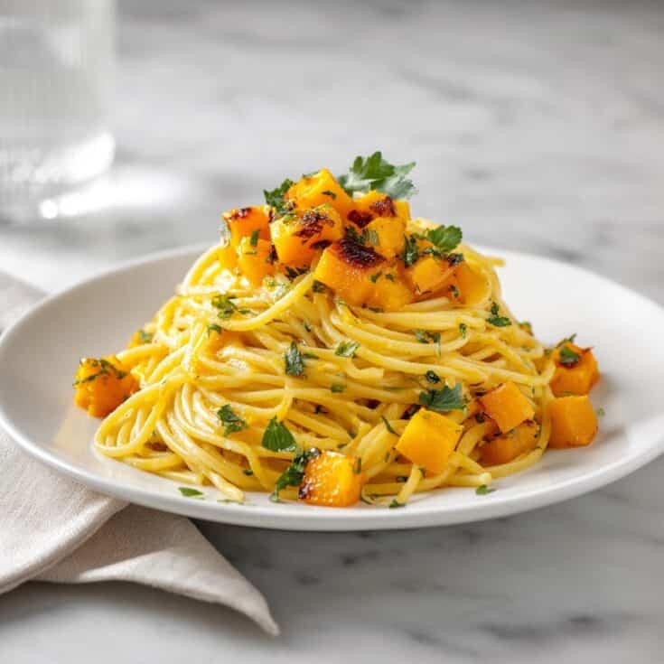 Close-up of roasted butternut squash pasta with golden caramelized squash cubes and fresh parsley on spaghetti.