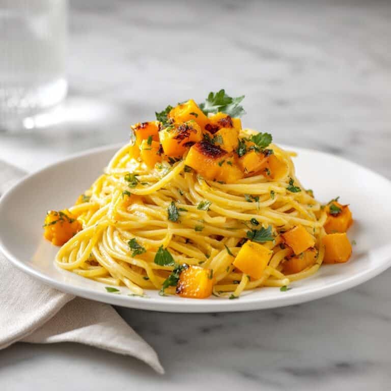 Close-up of roasted butternut squash pasta with golden caramelized squash cubes and fresh parsley on spaghetti.