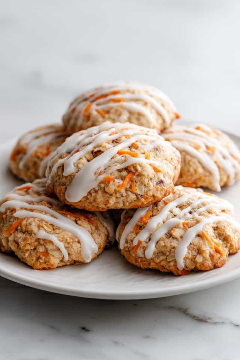 Stacked carrot cake cookies with cream cheese glaze on a white plate.