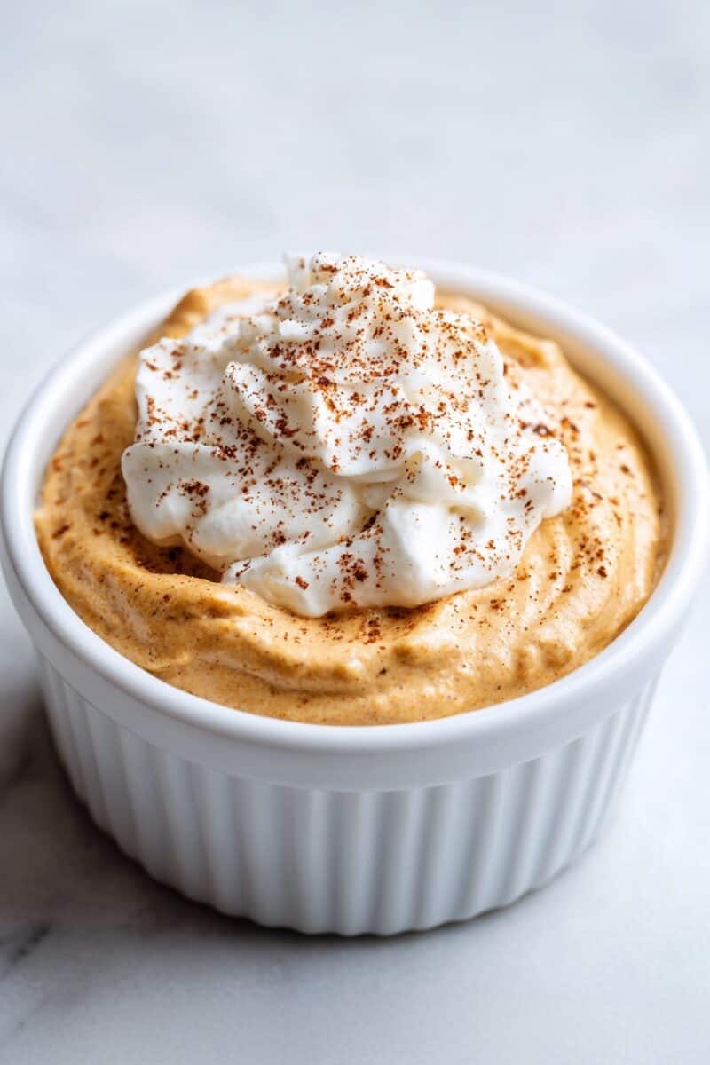Pumpkin fluff pudding in a white ramekin with piped whipped cream on top.