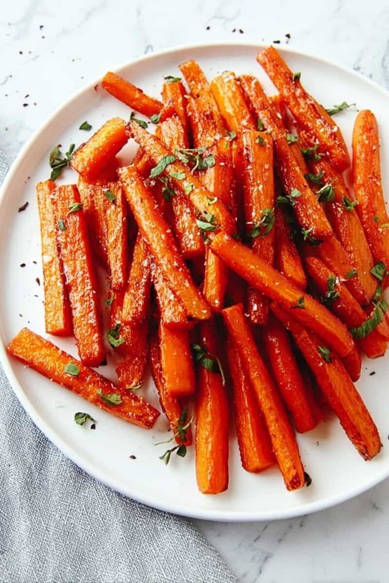 Brown sugar baked carrots – tender carrot sticks baked with butter, brown sugar, and cinnamon for a caramelized Thanksgiving side dish.