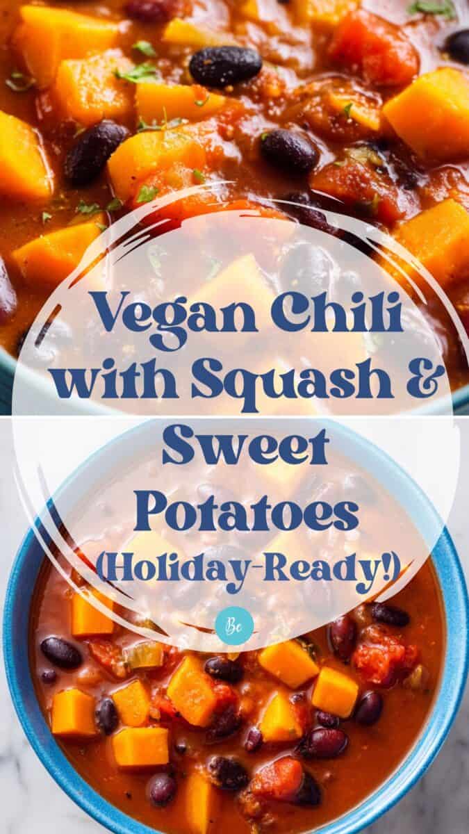 Overhead view of vegan butternut squash and sweet potato chili with beans and tomatoes in a blue serving bowl, garnished with herbs.