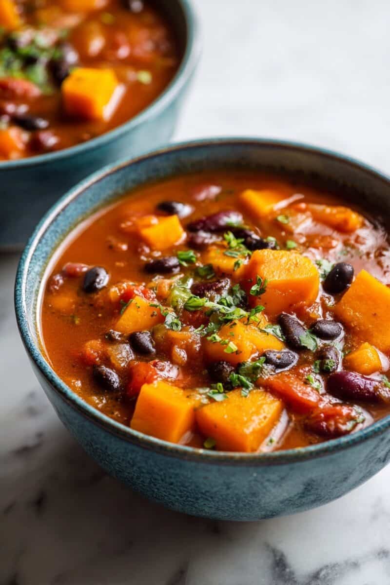 Two blue bowls filled with vegan butternut squash and sweet potato chili, garnished with fresh herbs.